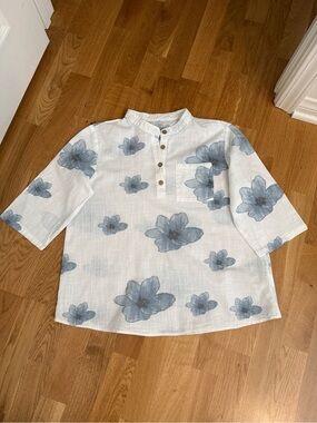 Womens White 100% Cotton Floral Henley Blouse with Blue Flowers